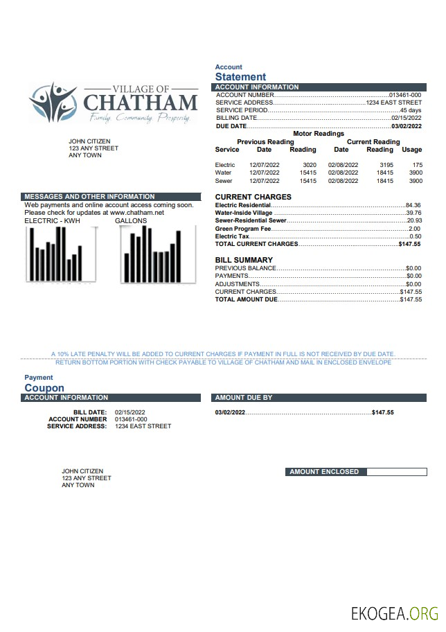 USA Village of Chatham utility bill template in Word and PDF format